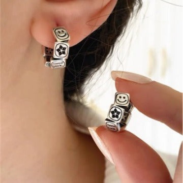 Korean Version S925 Sterling Silver Smiley Lucky Earrings Studs Vintage Retro Ins Niche Earrings Personality Fashion