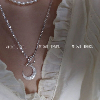 S925 Sterling Silver Flash Sand Moon OT Buckle Necklace for Women, Ins Style, Niche Light Luxury, Fairy-like, Super Sparkling, Radiant Choker