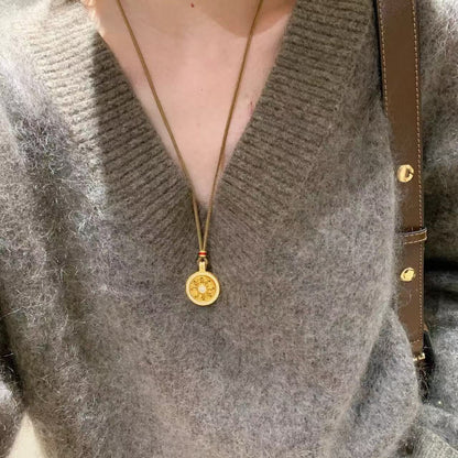 Pure Silver S925 Chinese Style Compass Rotatable Brown Rope Sweater Chain New Year Series