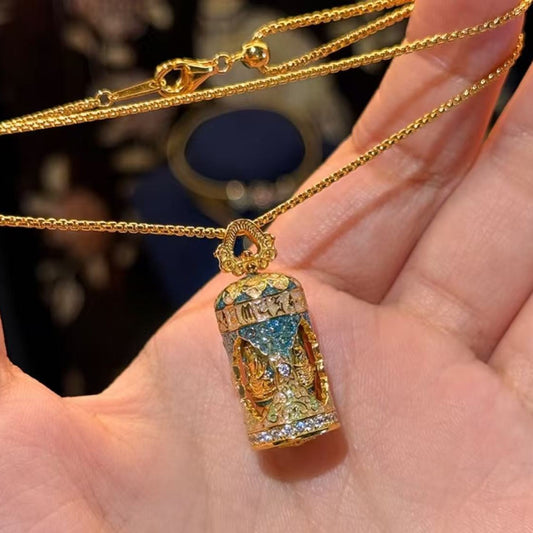 Pure Silver S925 New Chinese Style Retro National Style Four-Faced Buddha Prayer Wheel Enamel Craft Necklace High-End Elegant Light Luxury