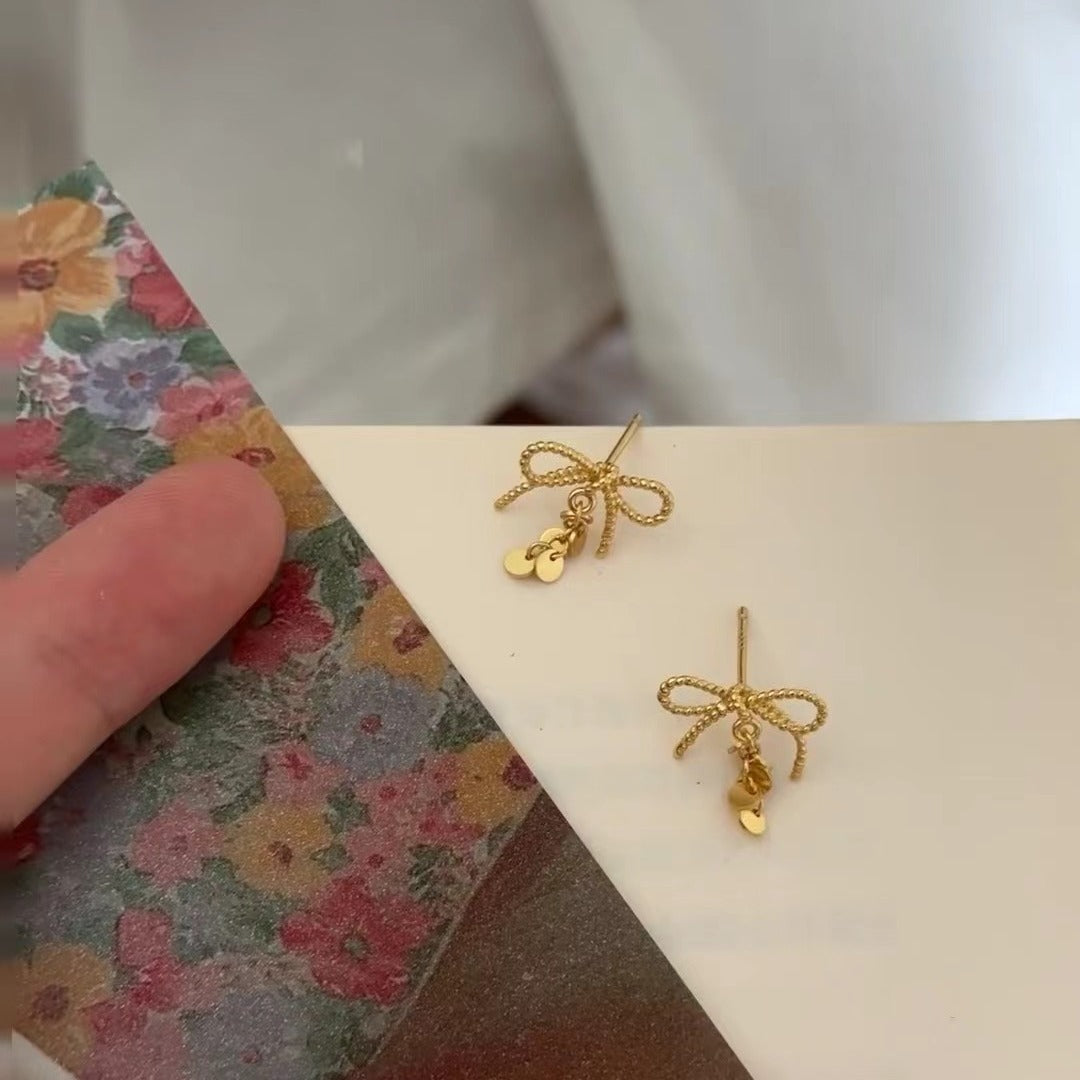 Pure Silver S925 Sweet Cute Bowknot Braided Gold Piece Earrings Versatile Elegant Stud Earrings Niche