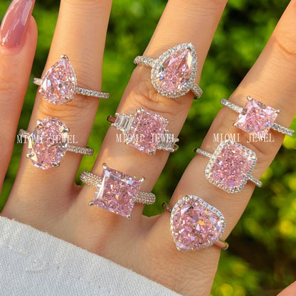 925 Sterling Silver Women's INS Heart Pink Ring Pink Diamond Sugar Cube Super Sparkling High Carbon Diamond Ring Wedding Ring