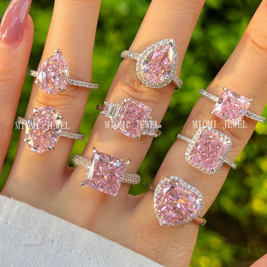 925 Sterling Silver Women's INS Heart Pink Ring Pink Diamond Sugar Cube Super Sparkling High Carbon Diamond Ring Wedding Ring