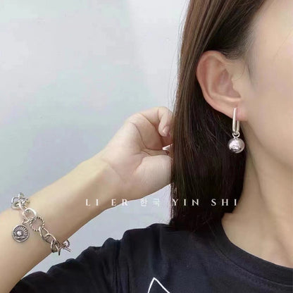 Korean Original S925 Sterling Silver Round Ball Rectangular Buckle Earrings Geometric Ear Buckle Fashion Personality High-end Earrings for Women