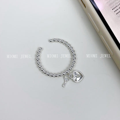 Real Shot S925 Sterling Silver Sweet Heart Key Ring for Women, Ins Niche Design, Simple Round Bead Open Index Finger Ring