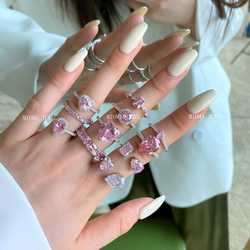 S925 Sterling Silver Ring Inlaid with Pink Water Drop Heart Zircon Ring Row Diamond Ring Pink Diamond Ring