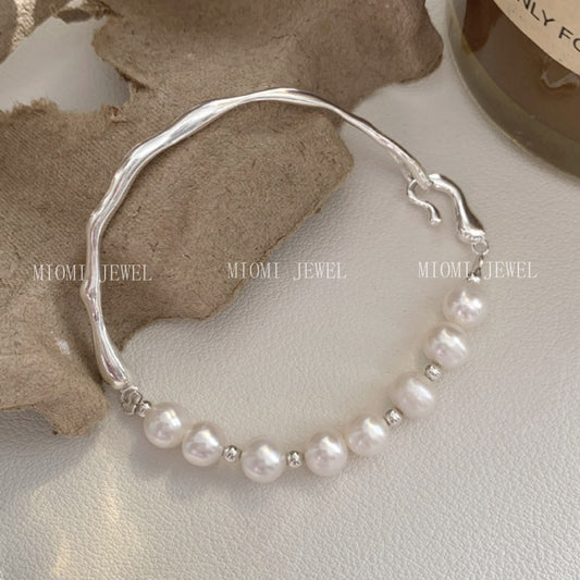 S925 Sterling Silver Natural Freshwater Pearl Half Bracelet Bangle Niche Light Luxury High-end Design Elegant Gentle Temperament