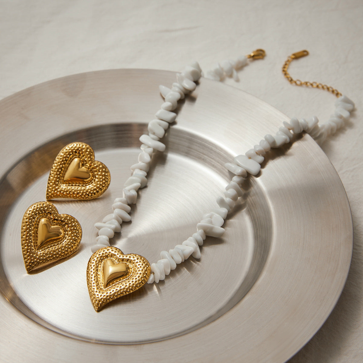 Earrings Titanium Steel Non-Fading High-End Feel Stainless Steel Hammered Heart White Crushed Stone Necklace