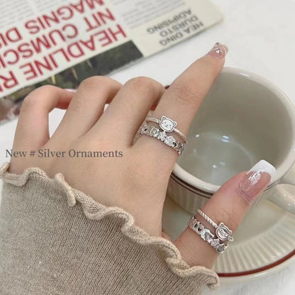 Sterling Silver S925 Bear Gingerbread Man Ring Cute Fresh Bear Creative Design Open Ring Index Finger Ring