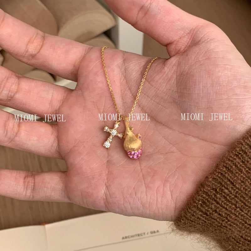 S925 Sterling Silver Brushed Pinecone Cross Necklace Exquisite Sweet Pink Diamond Pendant Niche Design Sense Clavicle Chain