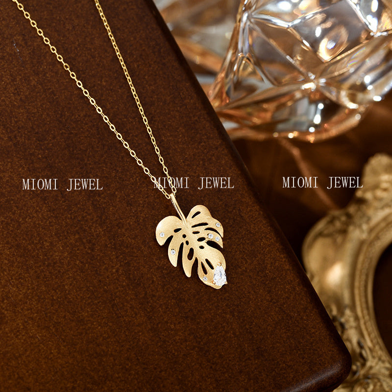 S925 Sterling Silver Vintage Style Brushed Pointed Diamond Gold Branch Jade Leaf Necklace Exquisite Niche Design Leaf Pendant Collarbone Chain