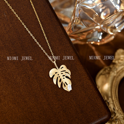 S925 Sterling Silver Vintage Style Brushed Pointed Diamond Gold Branch Jade Leaf Necklace Exquisite Niche Design Leaf Pendant Collarbone Chain