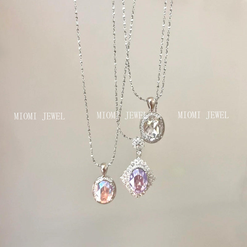 S925 Sterling Silver French Style Brilliant Violet Ice Flower Zircon Necklace Pigeon Egg Oval Pendant Full Diamond
