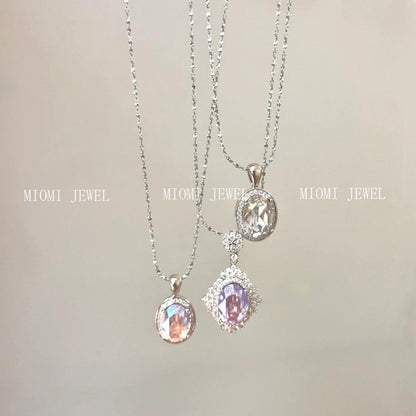 S925 Sterling Silver French Style Brilliant Violet Ice Flower Zircon Necklace Pigeon Egg Oval Pendant Full Diamond