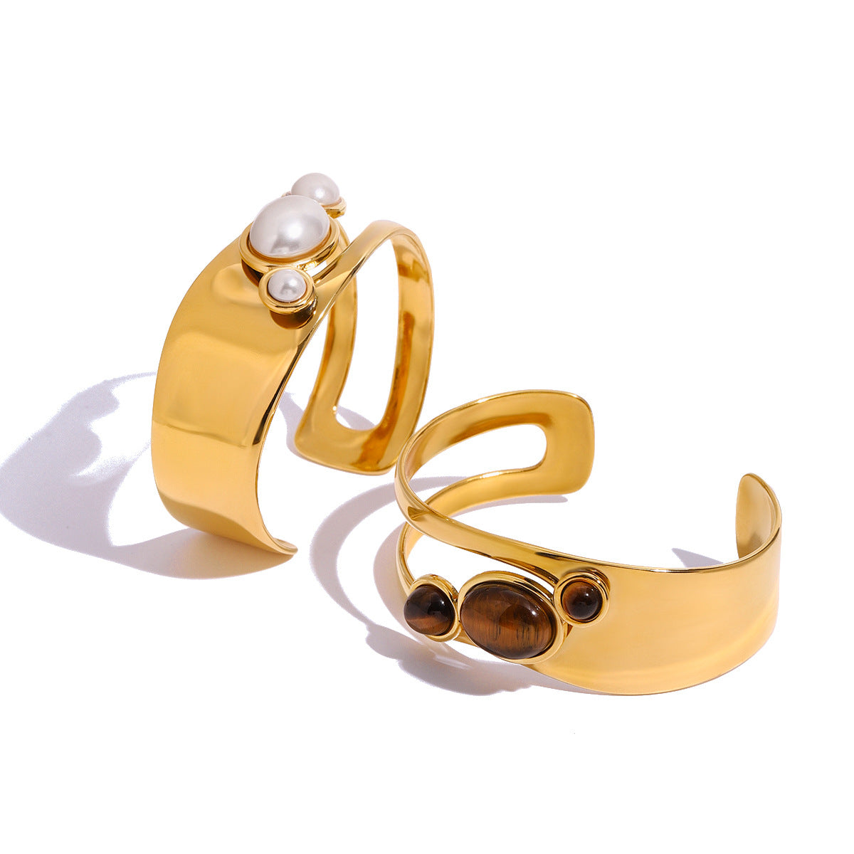 Stainless Steel Hollow Pearl Bracelet High Version Natural Stone Open Bangle Titanium Steel Jewelry