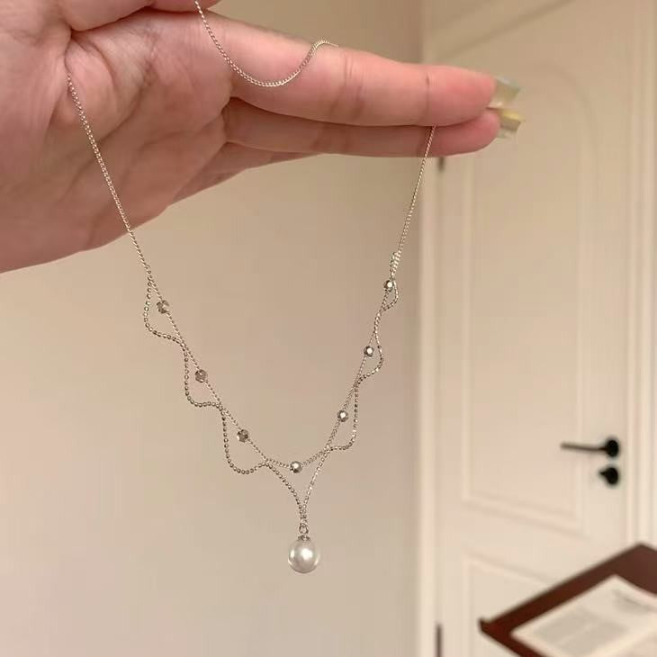 French Court Style Double Layer Design Handmade Lace Pearl Necklace Light Luxury Elegant Tassel Collarbone Chain