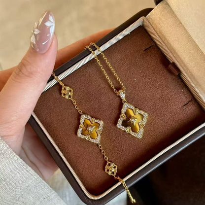 Pure Silver S925 Bucha Style Four-Leaf Clover Tiger Eye Necklace Bracelet Set Heavy Craft Buchi Brushed Set Light Luxury High-end