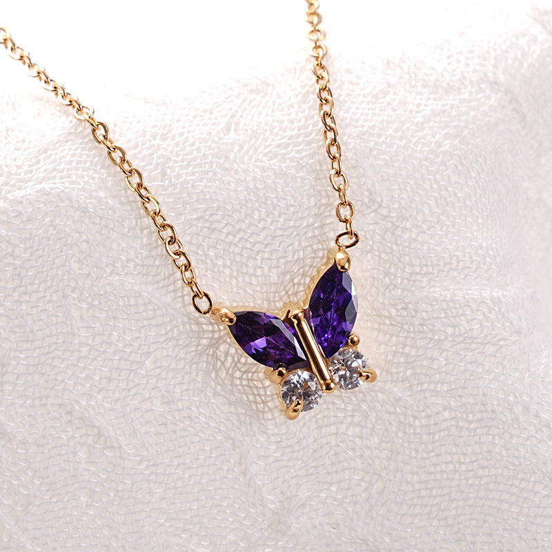 Titanium Steel 18K Vacuum Plated Colorful Zircon Necklace for Women High-End Light Luxury Micro-Paved Zircon Necklace Butterfly Design