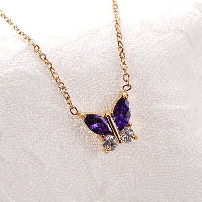 Titanium Steel 18K Vacuum Plated Colorful Zircon Necklace for Women High-End Light Luxury Micro-Paved Zircon Necklace Butterfly Design