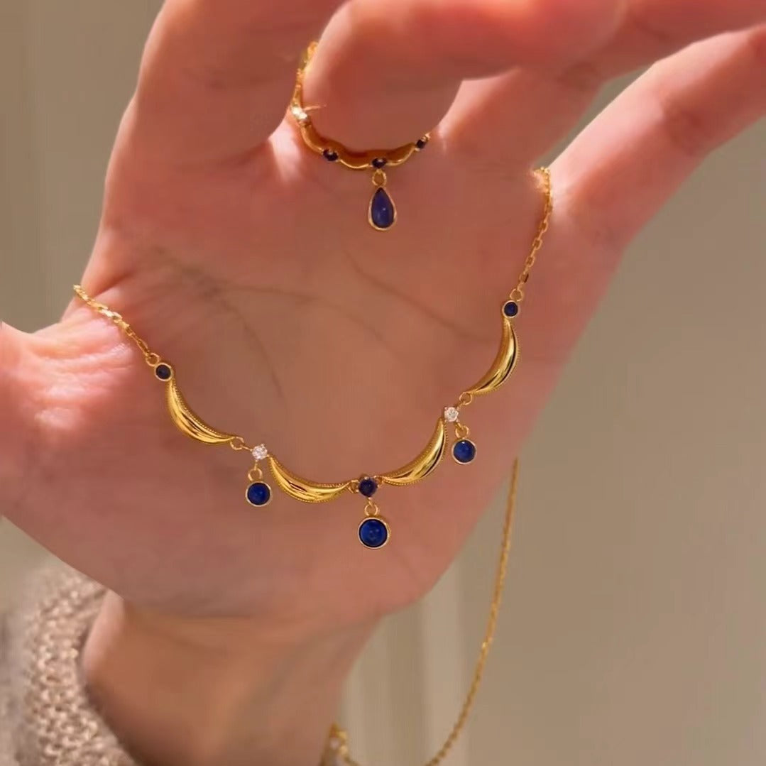 Traditional Lace Blue Water Drop Necklace French Retro High-end Clavicle Chain Exquisite Light Luxury Niche Temperament Choker