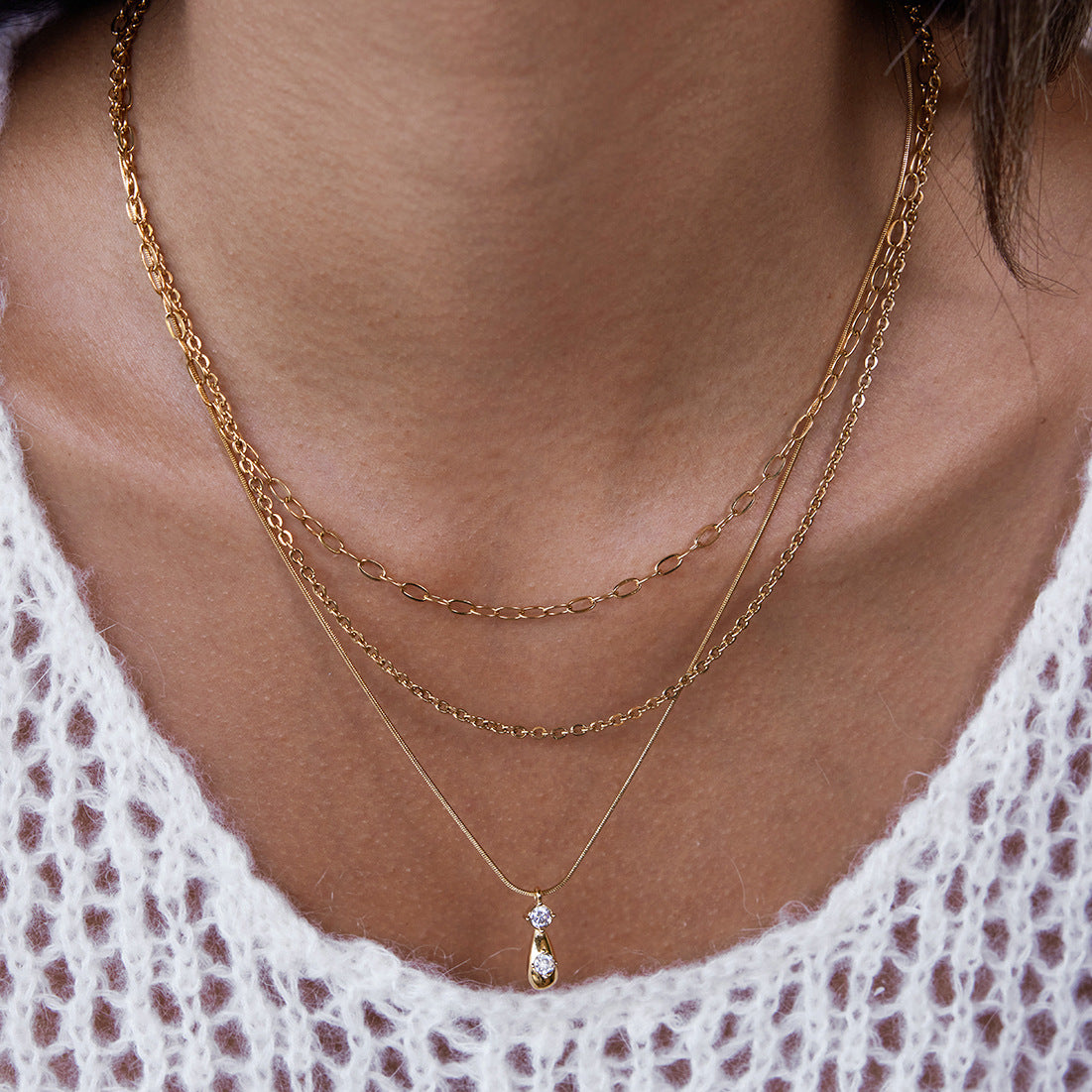 Titanium Steel Three-Layer Zircon Stacking Necklace Light Luxury High-End Clavicle Chain Stainless Steel Jewelry Accessories