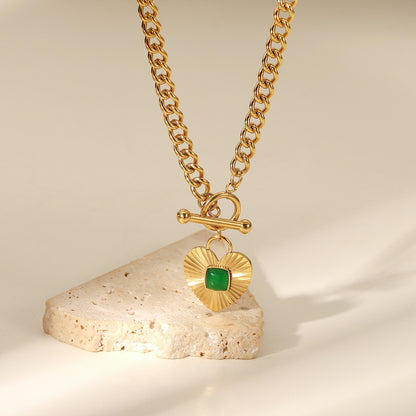 New Heart-Shaped Pendant with Green Agate OT Clasp Cuban Chain Necklace for Women Ins Internet Celebrity Style Stainless Steel Necklace