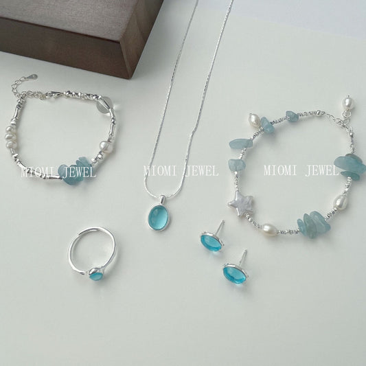 S925 Silver Aquamarine Bracelet Set Irregular Cut Gemstone Series Silver
