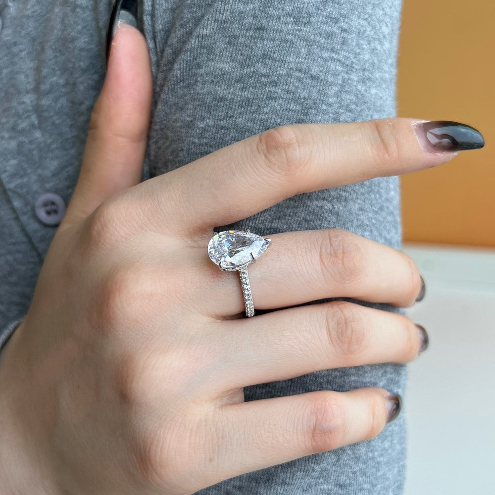 S925 Sterling Silver Ring Inlaid with Pink Water Drop Heart Zircon Ring Row Diamond Ring Pink Diamond Ring