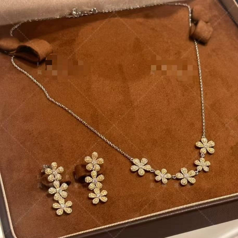 Pure Silver S925 High Carbon Diamond Small Yellow Flower Earrings Necklace Set Light Luxury Niche Fairy Style Internet Celebrity Ins Simple Elegant