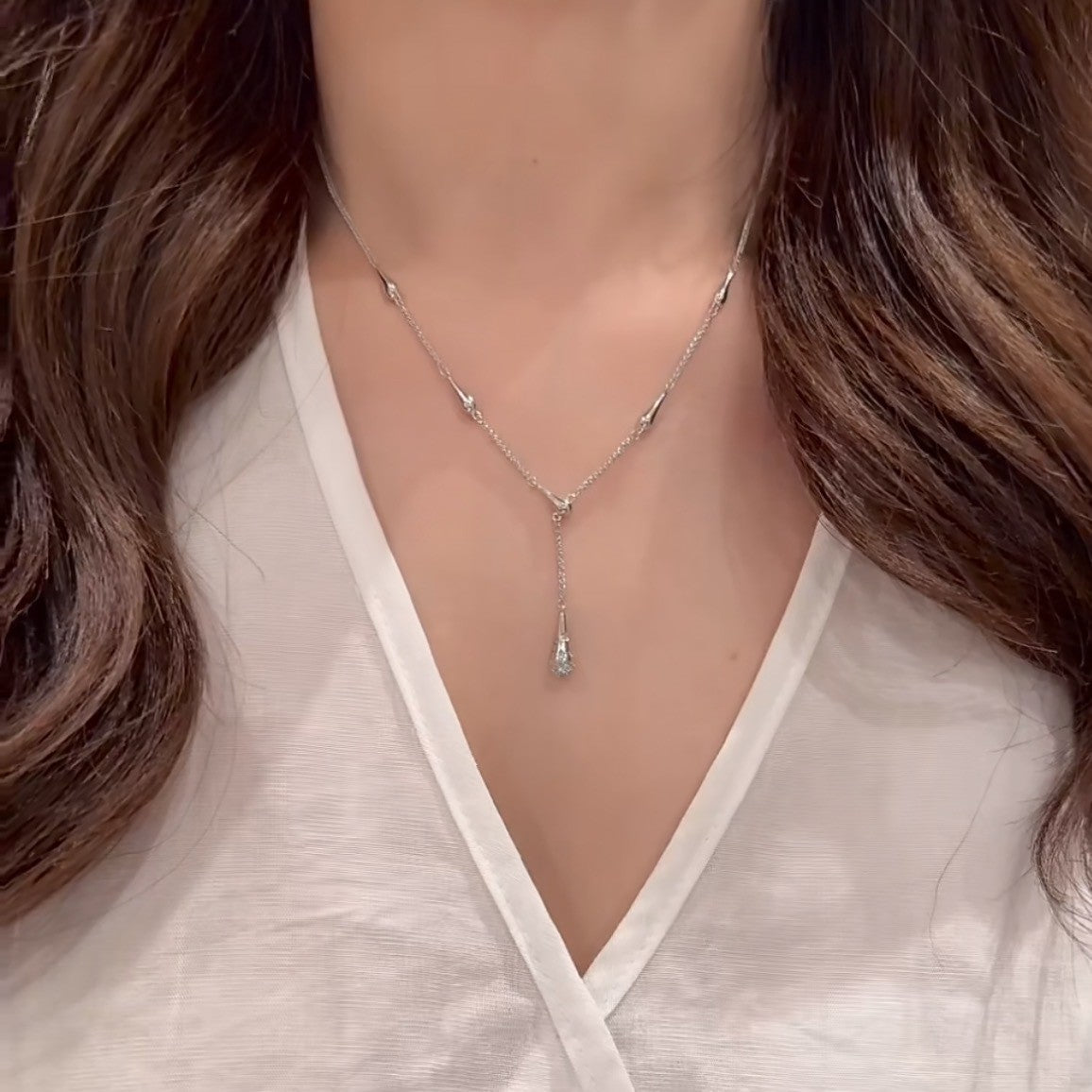 Pure Silver S925 Rachel Same Style Necklace Water Drop Necklace Super Shiny Exquisite Pendant Elegant Versatile Collarbone Chain