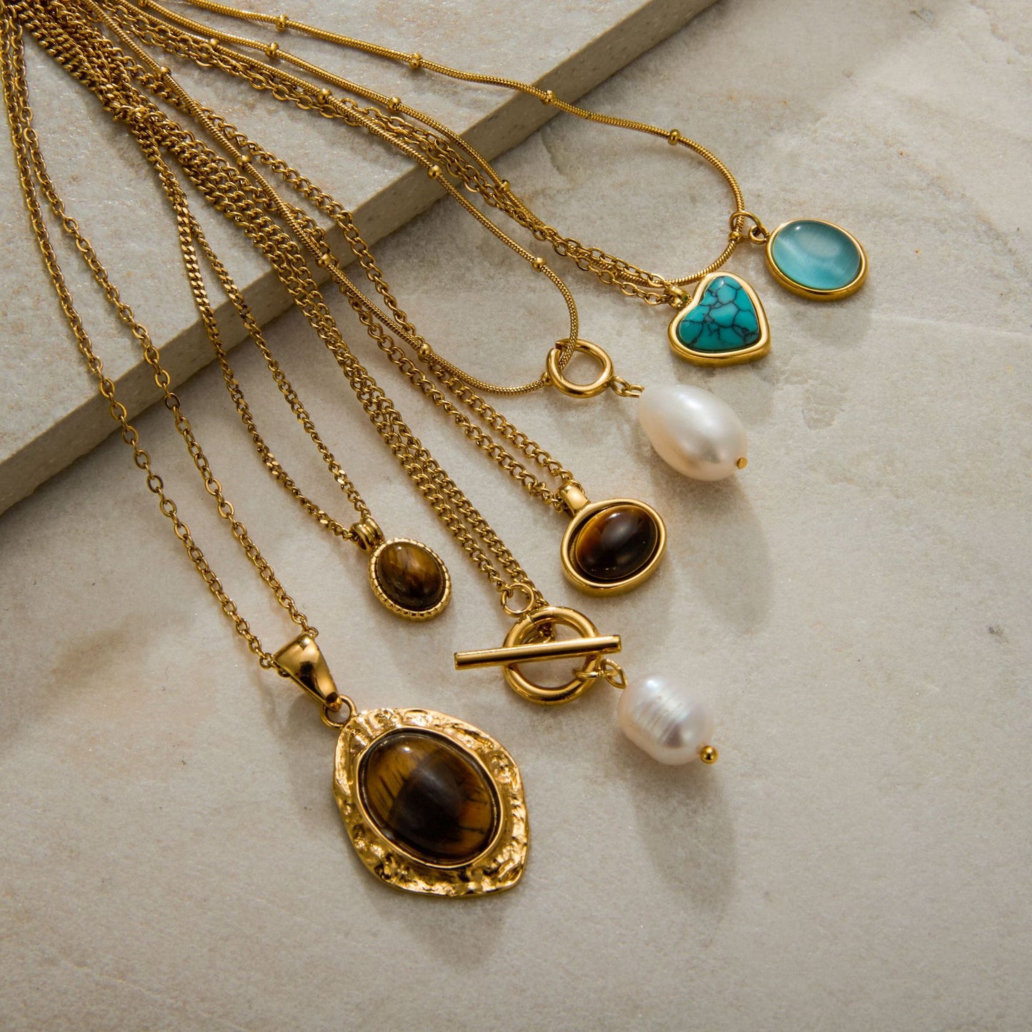 Titanium Steel Pearl Necklace Light Luxury High-end Tiger Eye Stone Collarbone Chain Non-fading Jewelry Stainless Steel Accessories for Women