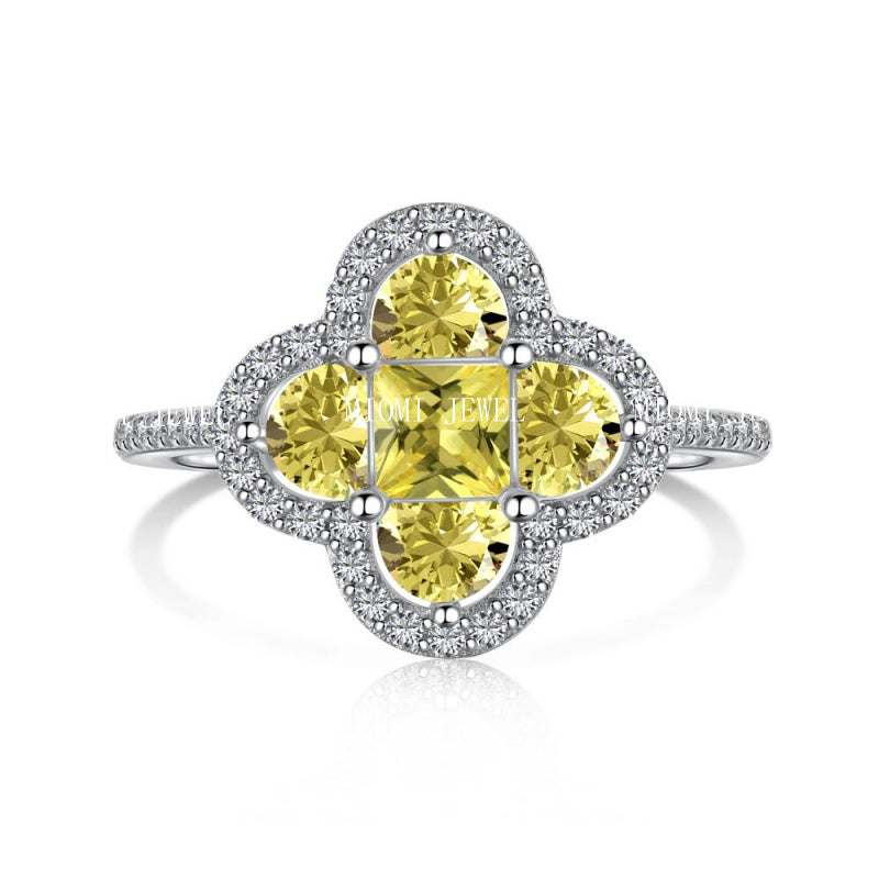 Cross-Border Hot S925 Sterling Silver Yellow Diamond Ring Female Noble Super Flash Ice Flower Cut High Carbon Diamond 8A Zircon Ring