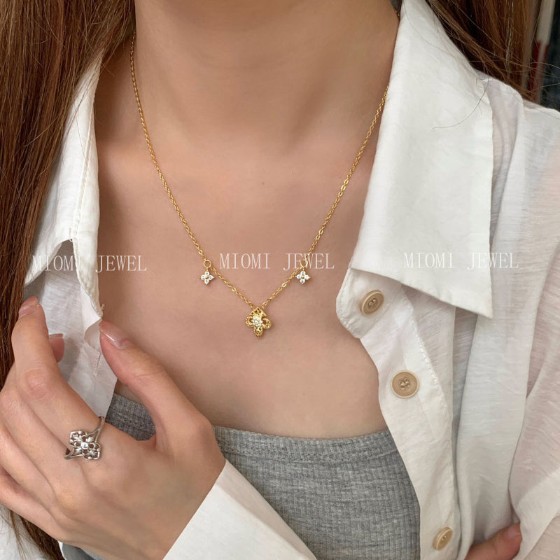 S925 Sterling Silver Iris Broken Ice Necklace for Women Vintage Mid-Century Style Light Luxury Niche Design Collarbone Chain