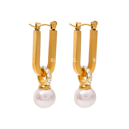Stainless Steel Pearl Earrings Zircon Studs High-End Ins Style Earrings 18k Gold Titanium Steel Ear Clips