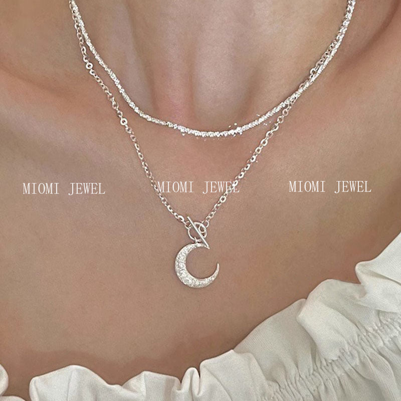 S925 Sterling Silver Flash Sand Moon OT Buckle Necklace for Women, Ins Style, Niche Light Luxury, Fairy-like, Super Sparkling, Radiant Choker