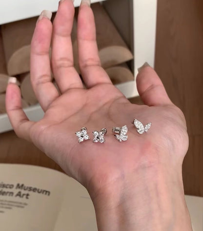 Italian Vintage Brushed Light Luxury High-End Jewelry925Sterling Silver Butterfly Threaded Earrings Four-Leaf Clover Screw