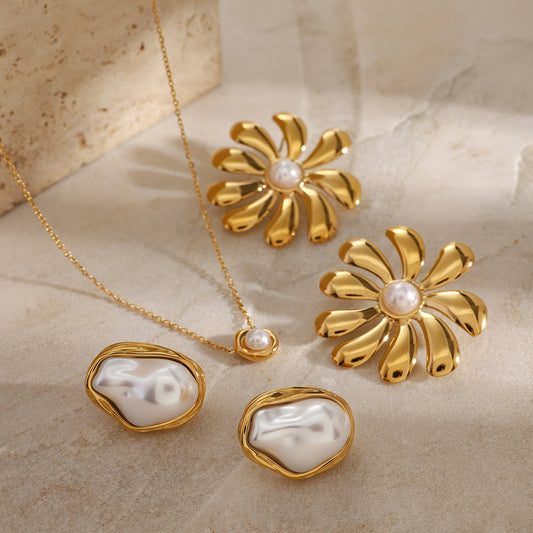 Stainless Steel Pearl Necklace High-End Niche Ring Exaggerated Earrings Titanium Steel Set Accessories