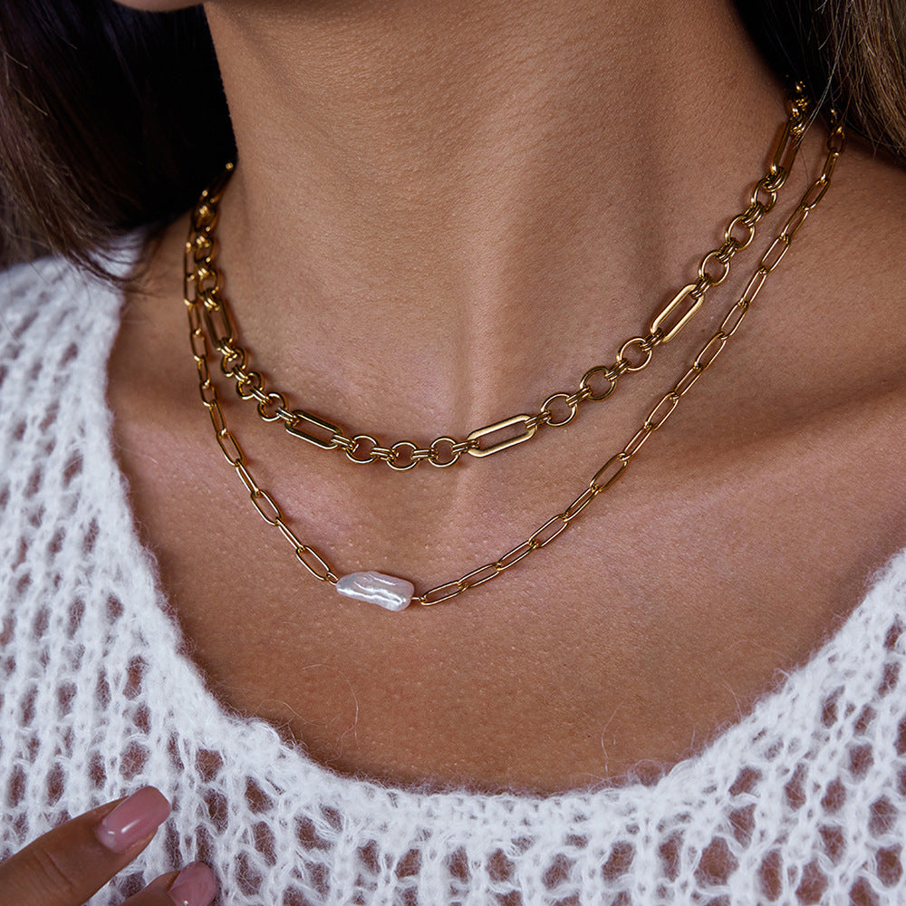 Paperclip Freshwater Pearl Necklace Light Luxury High-end Clavicle Chain Stainless Steel Jewelry Zircon Jewelry