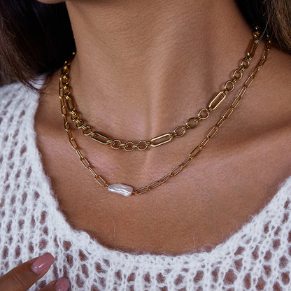 Paperclip Freshwater Pearl Necklace Light Luxury High-end Clavicle Chain Stainless Steel Jewelry Zircon Jewelry