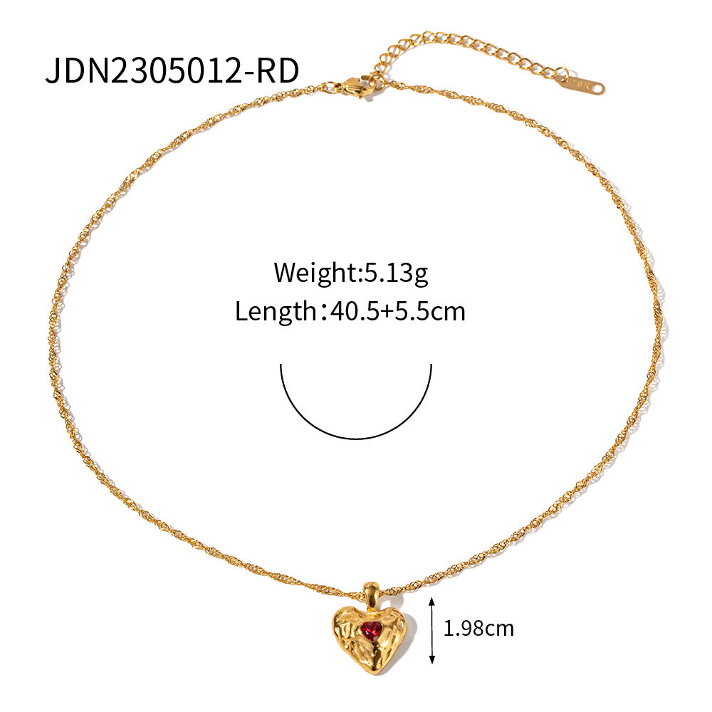 INS Style New Titanium Steel Necklace 18k Gold Stainless Steel Heart Hammer Pattern Zircon Inlaid Pendant Necklace Women's Jewelry