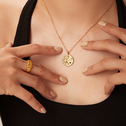 Stainless Steel Necklace 18K Gold Sun Moon Relief Hammered Colorful Zircon Round Pendant Necklace for Women Ins Style