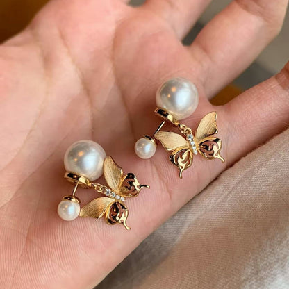 Sterling Silver S925 Brushed Craft Butterfly Pearl Earrings Light Luxury Niche Design Exquisite Versatile Elegant New Earrings