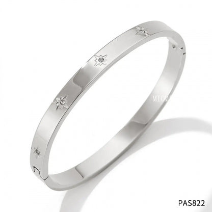 Non-Fading Multiple Styles Diamond-Studded Plain Hoop Bracelet Vacation Style Eight-Pointed Star Waterproof Stackable Stainless Steel Jewelry