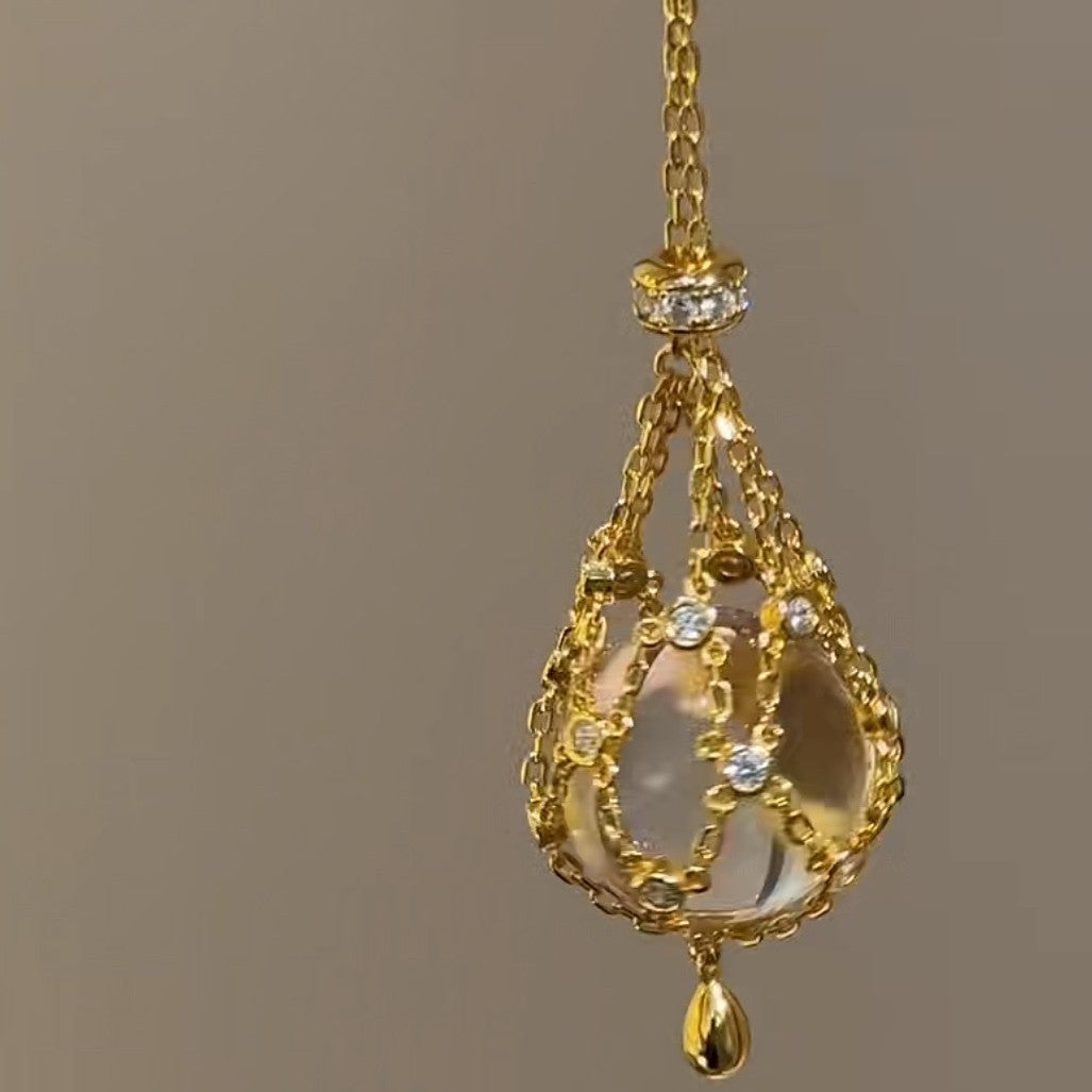 Pure Silver S925 Natural Double A White Crystal Net Pocket Necklace Vintage Fashion Light Luxury Lady Style Sweater Chain Adjustable Chain