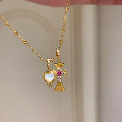 Brushed Craft American Retro Cross Heart White Shell Fairy Chain Necklace Niche Design Light Luxury High-end Feel