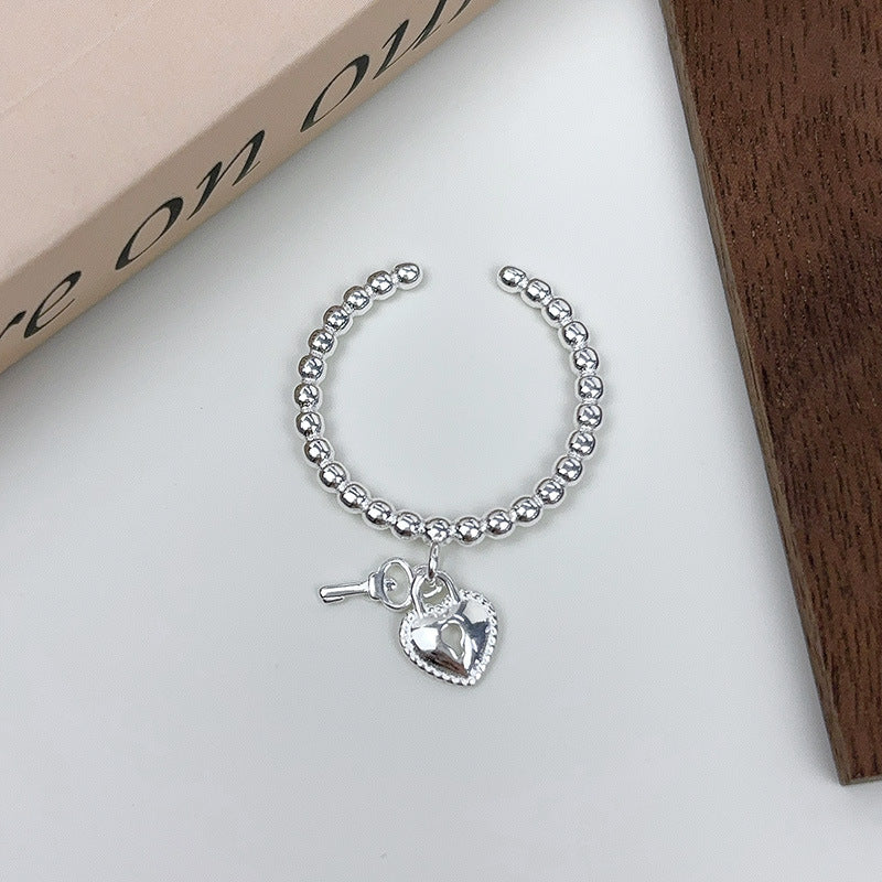 Real Shot S925 Sterling Silver Sweet Heart Key Ring for Women, Ins Niche Design, Simple Round Bead Open Index Finger Ring