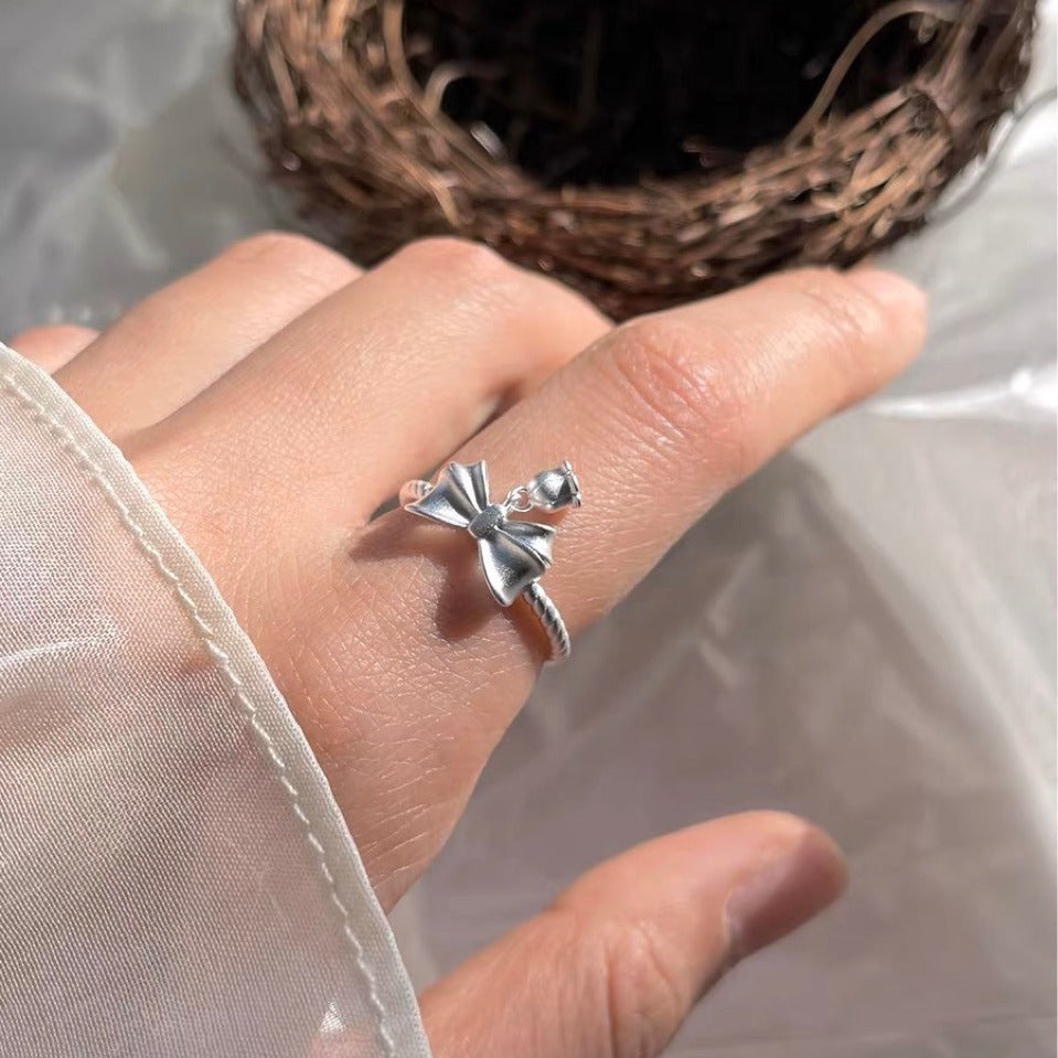 Korean Version Pure Silver S925 Bowknot Ring for Women, Runaway Princess Fashion Bell Twist Mori Style Frosted Lily of the Valley