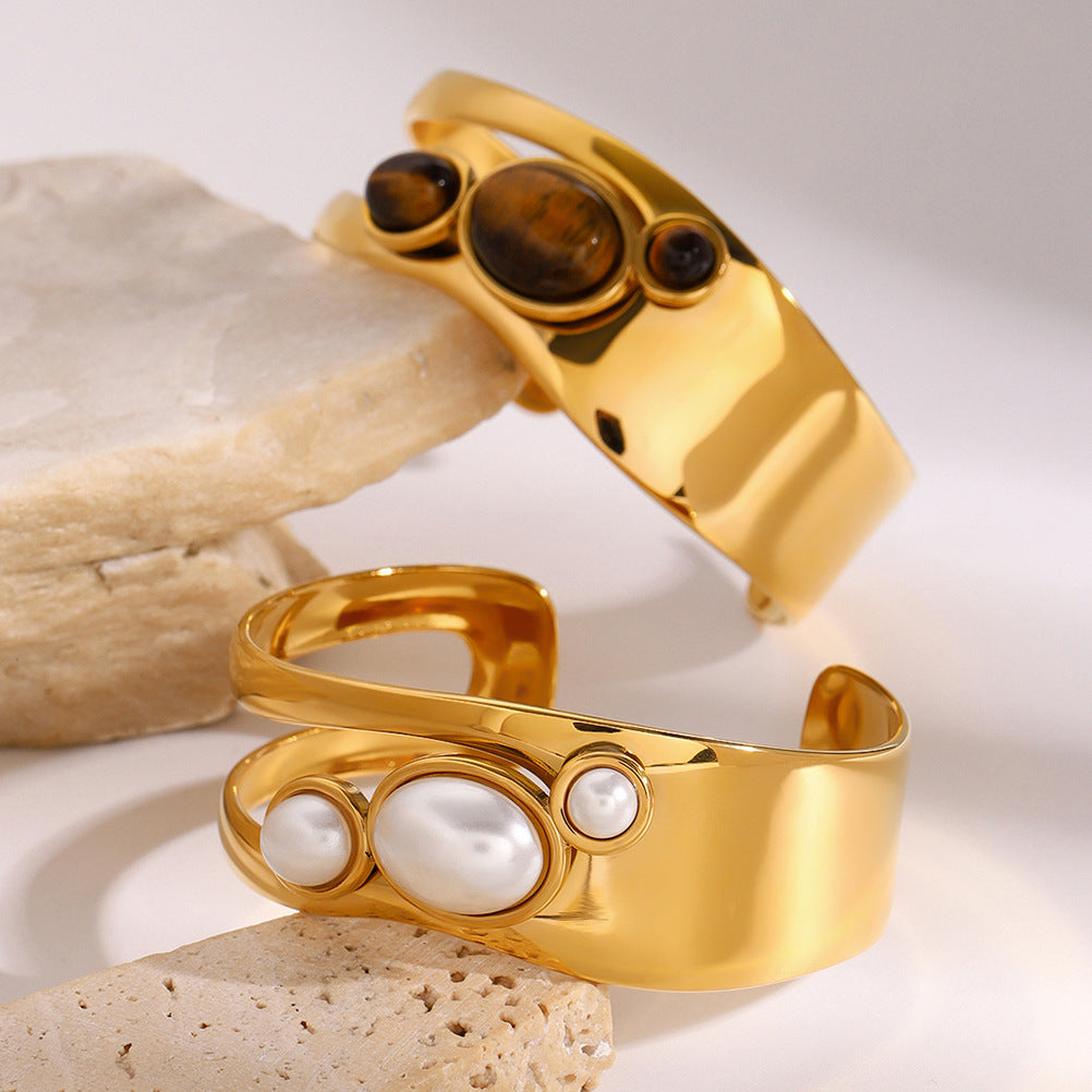 Stainless Steel Hollow Pearl Bracelet High Version Natural Stone Open Bangle Titanium Steel Jewelry