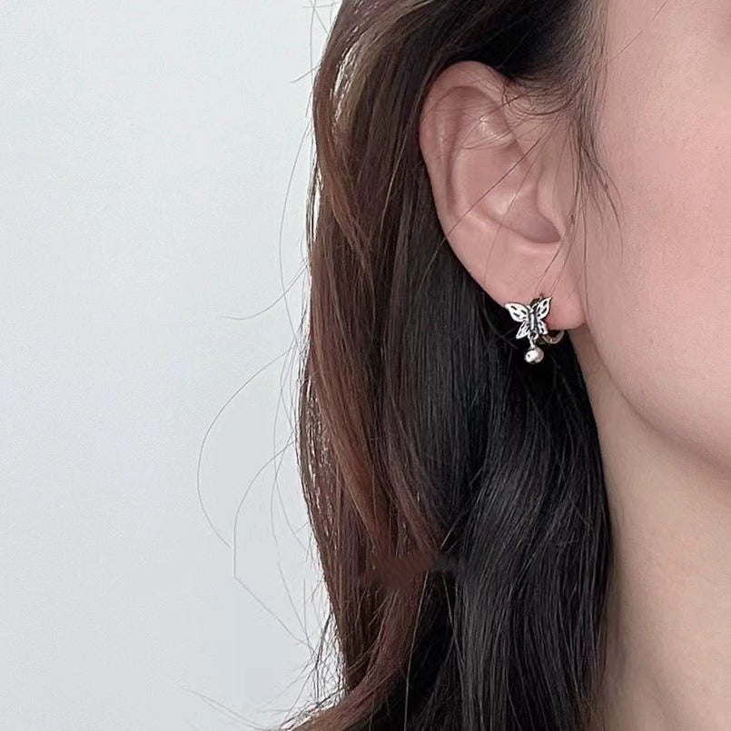 Pure Silver S925 Hollow Butterfly Dangle Ball Earrings Fashion Simple Korean Style Ear Clips Shiny Ear Jewelry