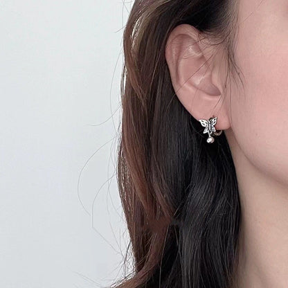 Pure Silver S925 Hollow Butterfly Dangle Ball Earrings Fashion Simple Korean Style Ear Clips Shiny Ear Jewelry